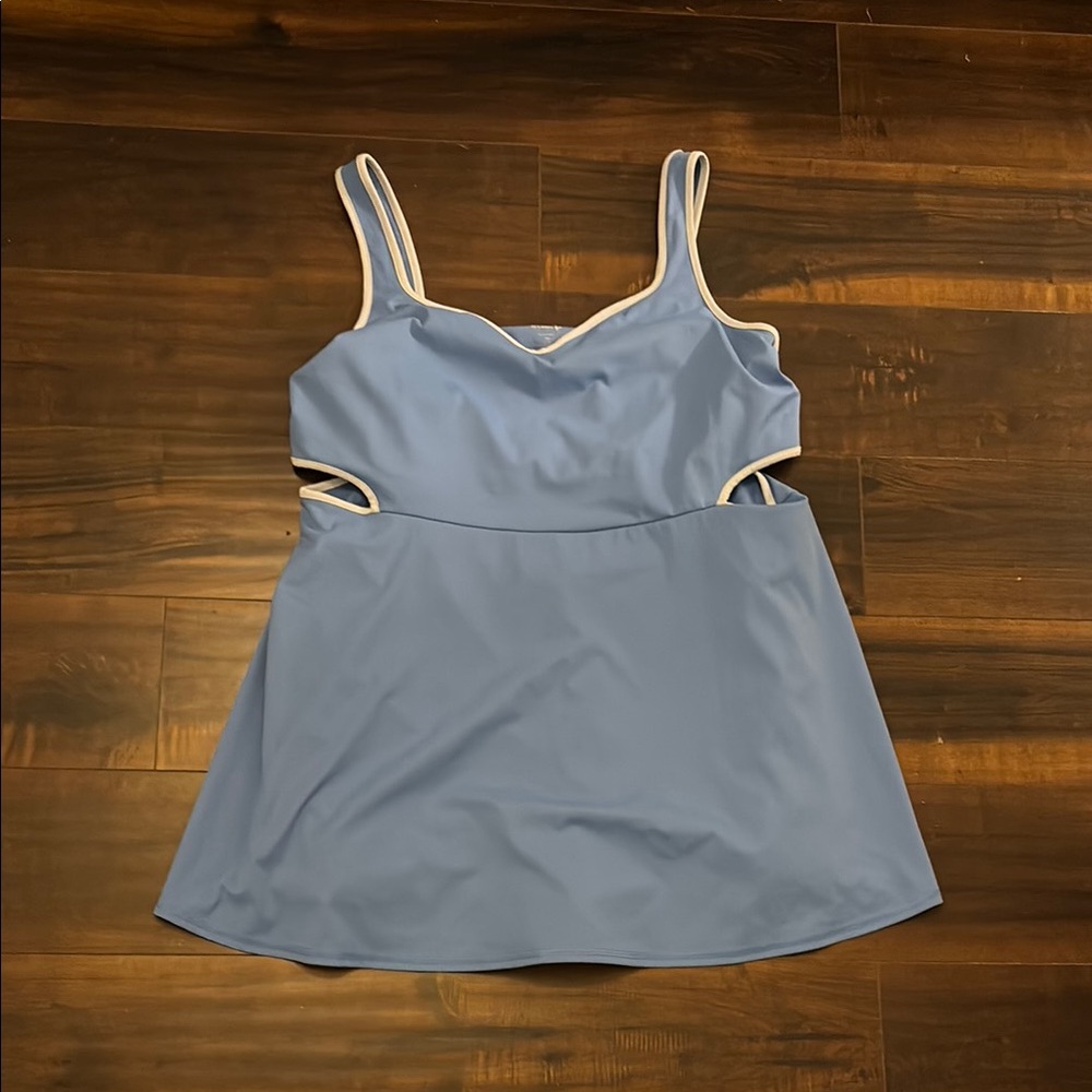 Blue Sleeveless Tennis Dress with White Trim and Built in Shorts